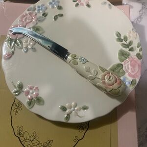 Pfaltzgraff Floral Cream Ceramic Plate with Pastel Rose Butter Knife